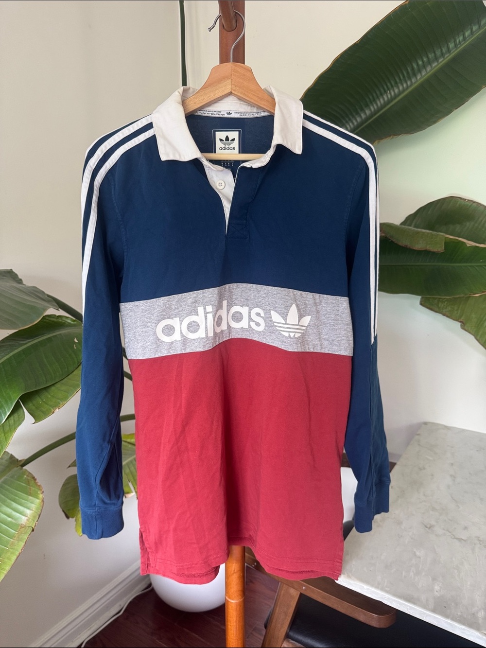 adidas Navy/Red/Gray Long-Sleeve Rugby Shirt with White Collar